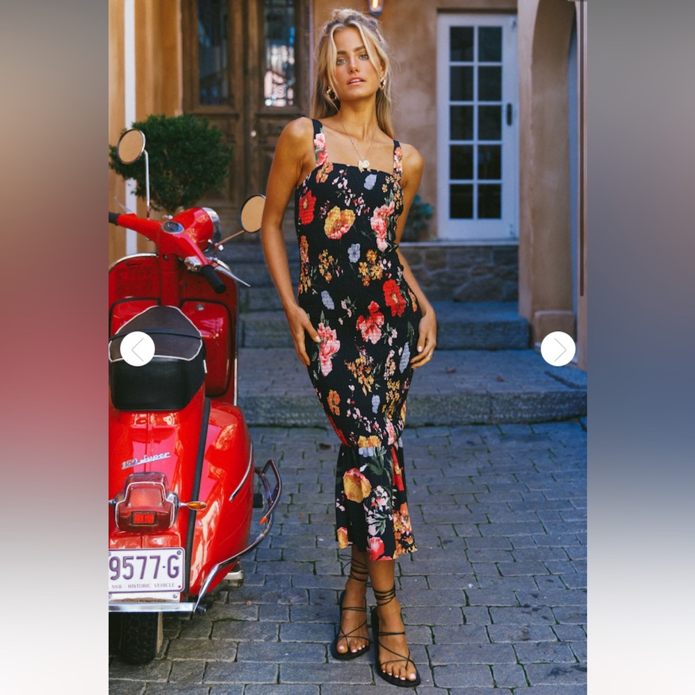 Black Floral Smocked Midi Dress